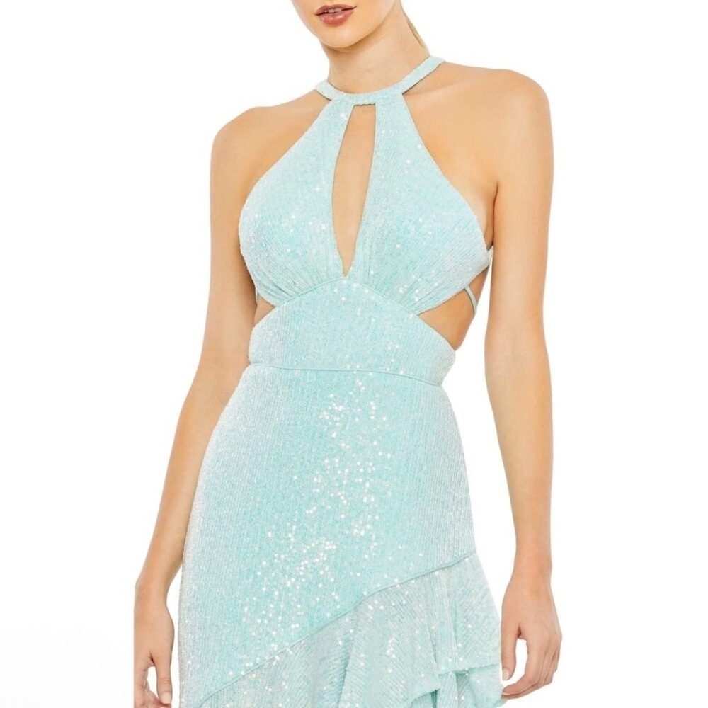 Mac Duggal NWT Blue Sequined Halter Ruffle Asymmetrical Dress Style #A11274 - Picture 2 of 12